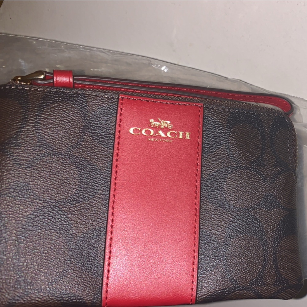 Brand New Coach Red and Brown Wristlet With Zipper